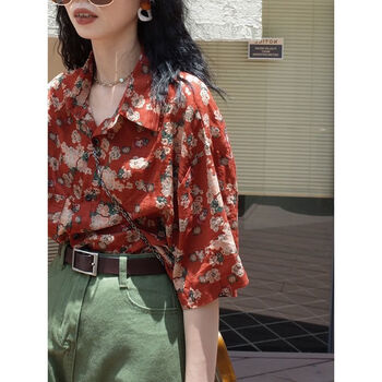 洱颜夏威夷海边旅游度假港风印花衬衫港式复古红色印花衬衫女夏季设计