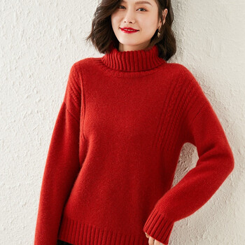 高领羊绒衫女纯山羊绒打底秋冬新款双股加厚慵懒风套头毛衣女红色s