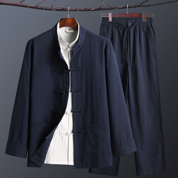 吻痕春秋中老年人棉麻唐装男士长袖外套中国风亚麻爷爷套装老人爸爸装