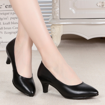 高跟鞋软底软皮单鞋黑色工作鞋女职业鞋舒适圆头空乘单鞋 黑色3厘米没