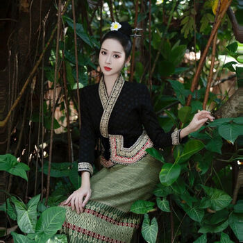抒融傣族服装女依光扁同款黑色提花撞色复古气质套装民族风日常传套装