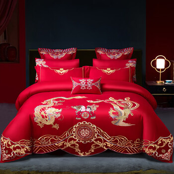 梦洁家纺新婚庆四件套纯棉全棉大红色简约刺绣结婚房喜被床笠床上用品