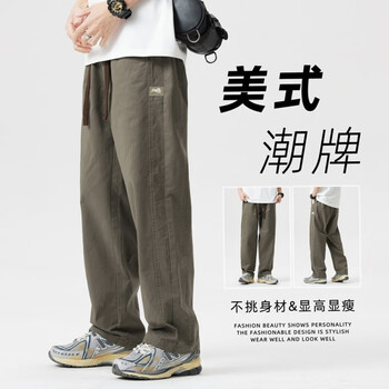 WEISSVEYRON美式潮牌纯棉休闲长裤男士宽松直筒阔腿裤原宿风潮流高街工装裤子 灰绿 2XL【150-165斤】