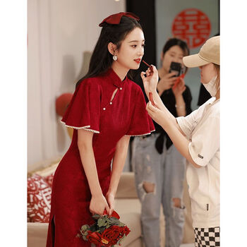 云翔四海红色旗袍敬酒服新娘中式小个子感结婚礼服女订婚连衣裙改良版