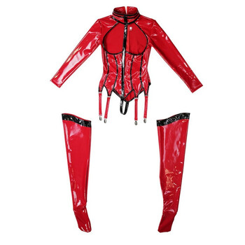 苾旎 play情取塑身连体衣d14欧美紧身两件套乳胶氨套装 镜面红 量身