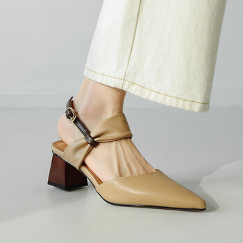 她他tata女鞋法式包头凉鞋女夏季配裙子一字扣带粗跟高跟鞋女杏色39