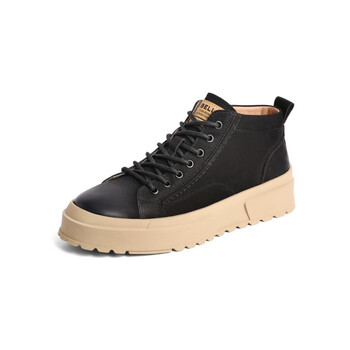 百丽休闲鞋男士冬牛皮工装棉鞋高帮保暖板鞋加绒黑单里38