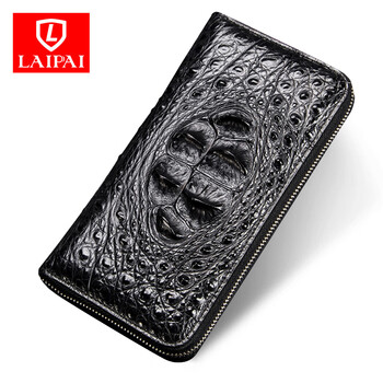赖牌LAIPAI鳄鱼皮男士手包男钱包长款商务手拿包男大容手抓包夹包送男友 黑色 单拉链（头骨）