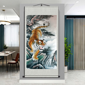 霸蓝猛虎下山图老虎画像客厅五虎临门图装饰画玄关上山虎挂画卷轴洞睇