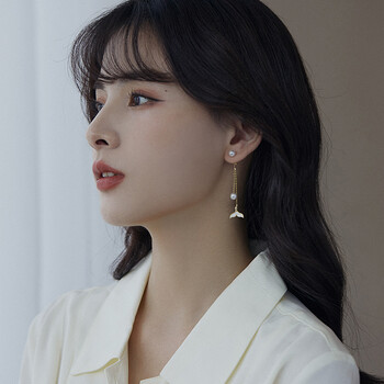 tdck珍珠耳坠长款气质耳钉女2024韩国网红时尚冷淡风新款潮鱼尾耳钉