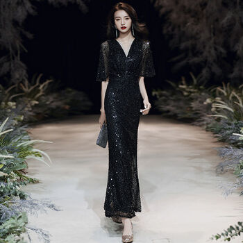 修身宴会年会主持人长款鱼尾连衣裙女m雅黑色小众高端气质晚礼服女m