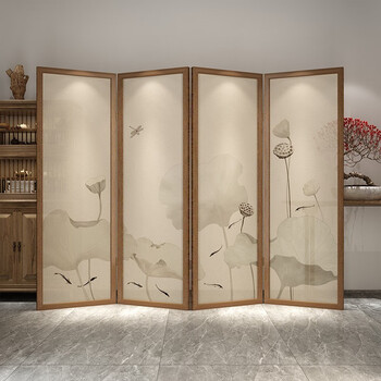 蓝氏家园 新中式禅意复古莲花屏风隔断折叠移动装饰客厅玄关卧室书房