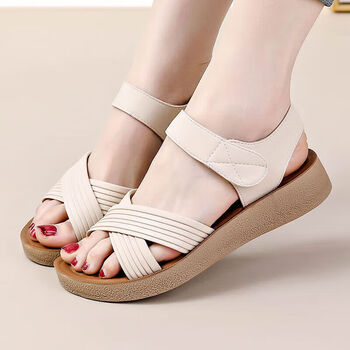 诺石女鞋凉鞋女时尚休闲沙滩鞋2023夏季新款低跟中年妈妈露7909米色35