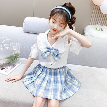 非韩贝童装女童夏装jk格裙短袖衣服中大童儿童套装女孩漂亮裙子315岁