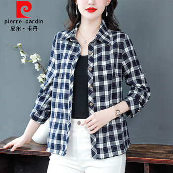 皮尔卡丹春尚新格子衬衫女秋装长袖上衣女装新款中年外套小衫白黑格