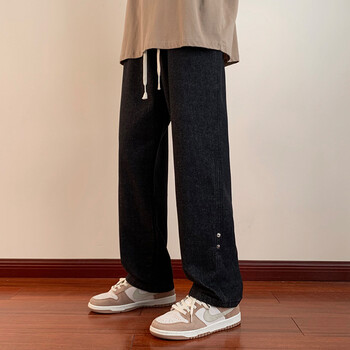 散步裤无铁裤子男松紧腰系绳牛仔裤男夏季阔腿宽松直筒裤ins垂感拖地
