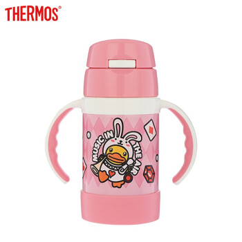 膳魔师THERMOS 儿童吸管杯保温保冷带手柄喝水杯 幼儿园宝宝学饮防漏喝奶杯 小黄鸭水杯粉280ml