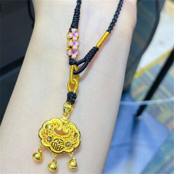 dleo老凤凰古法黄金如意平安锁吊坠足金硬金莲花镂空福字长命锁包项链