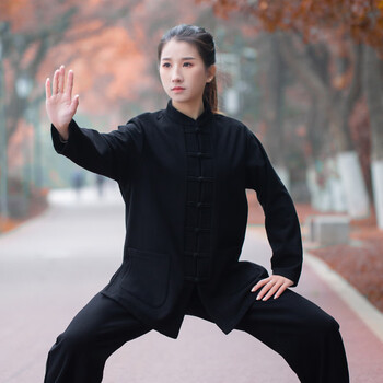 wnhc太极服女秋冬季新款加厚绒棉麻太极拳冬装练功服男2022时尚 黑色