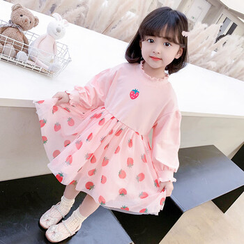 贝姿特一岁宝宝衣服女童连衣裙小女孩长袖草莓儿童公主纱裙韩版印花