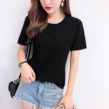 然往黑色设计感小众上衣韩系女纯色棉质夏装圆领修身短袖t恤女2021年