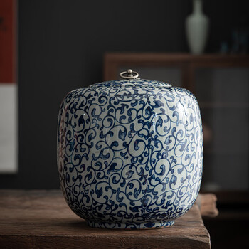 默然诺尔 青花茶叶罐陶瓷大号5斤装家用普洱红茶防潮密封醒茶罐通用