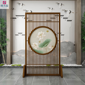 缘古屋新中式移动实木格栅屏风隔断客厅办公室入户门玄关隔断墙遮挡