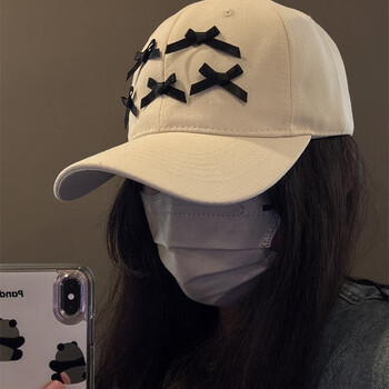 滢蓓韩国小众设计师款蝴蝶结刺绣牛仔鸭舌帽女大头围显脸小棒球米色