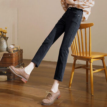 美茵曼丽高腰显瘦九分直筒牛仔裤女2023春秋新款弹力修身小个子烟管裤女 HN0802A   黑色 M（90-110斤）