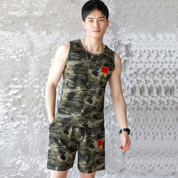 修身型冰丝弹力跑步训练体能服男士夏季 中国迷彩背心套装(背心 短裤)