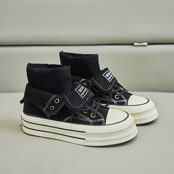 女鞋官方风格ins潮韩版高帮帆布鞋女2023秋季新款学生跑步黑色36