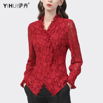 伊卉（YIHUI）欧洲站春装蕾丝衫上衣女长袖木耳边洋气红色小衫修身显瘦新款气质 红色 M