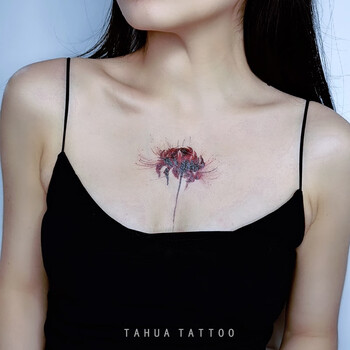 添光她画水墨彼岸花曼珠沙华纹身贴红色胸前后背防水女普通款