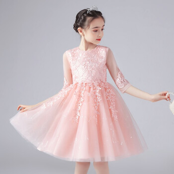 表演出服装女花童礼服小学生毕业照纱裙 dw8991女童(中袖虾粉色裙子)