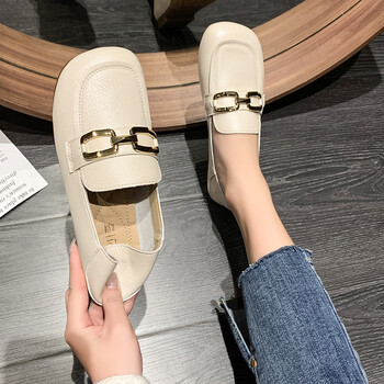 穿豆豆鞋女2023新款平底仙女方扣单鞋奶奶鞋舒适软底乐福鞋米白色a