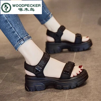 啄木鸟水钻厚底凉鞋女2024年夏季新款松糕鞋时尚增高外穿休闲沙滩女