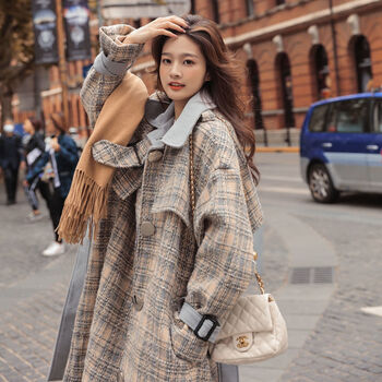 贤语ins长款呢大衣女加厚过膝新款韩版宽松格子毛呢外套气质显瘦 图片色 M 【100-120斤】