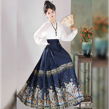 卡辑（KAARJIYY）明制汉服女款秋冬季马面裙全套日常古装国风织金妆花螺钿通勒齐腰 【彩凤】上衣+蓝色织金马面裙 L