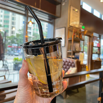 犬冷萃咖啡杯ins风茶色吸管杯带盖玻璃水杯随行吸管杯网红奶茶杯子