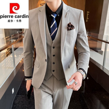 结婚礼服商务休闲正装韩版条纹西装秋1908浅灰两件套西服西裤9赠品