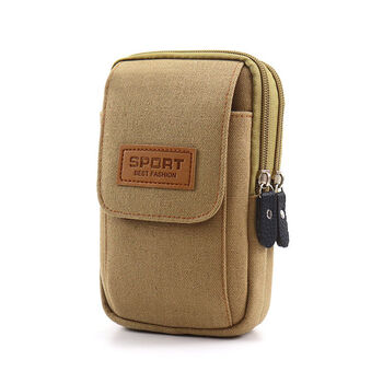 韩减新款手机包男穿皮带包工地干活挂腰包多功能耐磨帆布包包卡其色竖