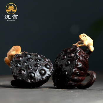 汉宫 青蛙莲蓬手把件 印度小叶紫檀木手工雕刻文玩盘玩把玩物件创意