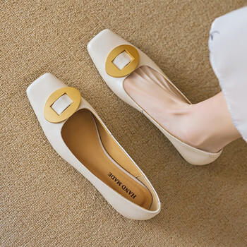 她她贝法式气质羊皮圆扣浅口单鞋女软皮软底通勤方头平底鞋豆豆鞋工作