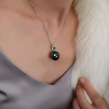 玫恰海水珍珠吊坠哥伦比亚祖母绿镶嵌南洋金珠黑项链s925银套装 黑