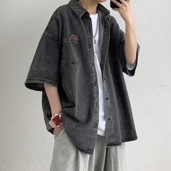 vintage牛仔衬衫男日系ins潮牌宽松短袖衬衣夏季潮流痞帅外套黑色2xl