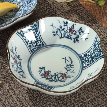 汤盘深菜盘子7英寸釉下手彩陶瓷凉菜料理盘沙拉碗创意 7寸梅花盘-冶丽