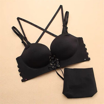 都市丽人新款拉b交叉美背文胸八带性感聚拢无钢圈系绳内衣绑带套黑色