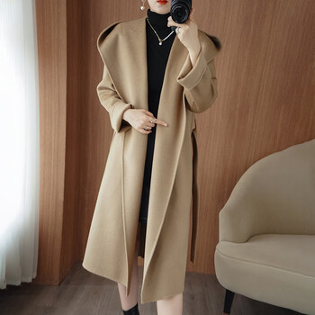 罗蒙2023秋冬新款双面羊绒大衣女气质中长款时尚连帽羊毛呢外套 可可