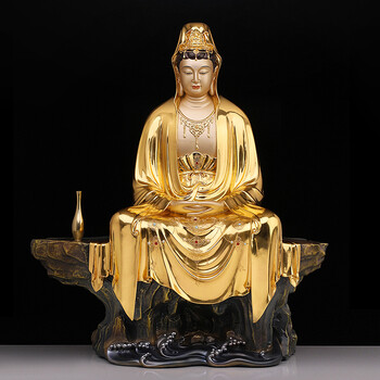 盛凡贴金箔自在南海观音佛像铜像纯铜金身家供禅定彩绘观世音菩萨摆件