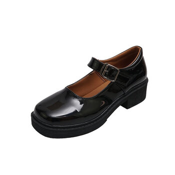 姿伟祺春秋复古粗高跟大头鞋女学院风小皮鞋娃娃单鞋黑色亮光35